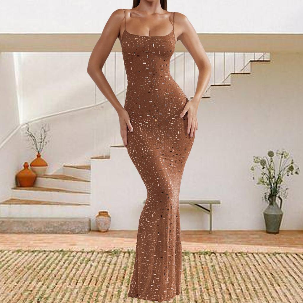 Spaghetti Strap Maxi Dress Bright Diamond Design Elegant Stylish Cocktail Party Long Dress for Club