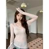 Gyaru Sexy Thin Slightly Transparent V-neck Knit T-shirt Women Summer Pure Desire Long Sleeve Sun Protection Cover Up Slim