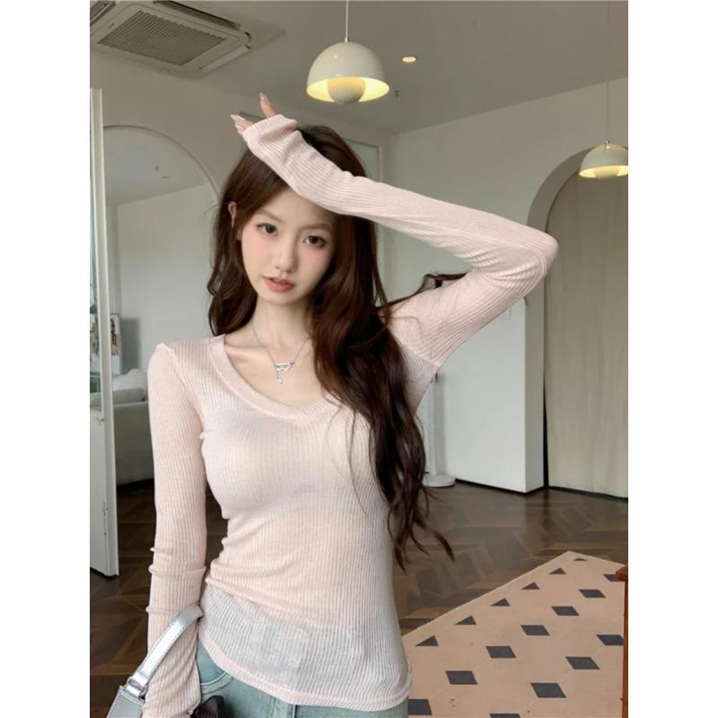 Gyaru Sexy Thin Slightly Transparent V-neck Knit T-shirt Women Summer Pure Desire Long Sleeve Sun Protection Cover Up Slim