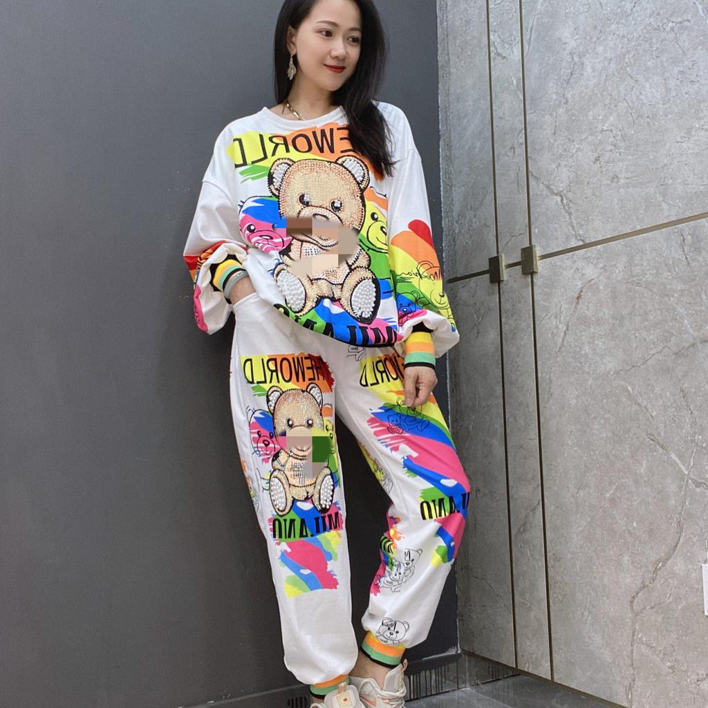 Colorful Diamonds Cartoon Bear Two Piece Sets Womens Outifits Autumn Casual White Tracksuit Tops and Long Pants Suits