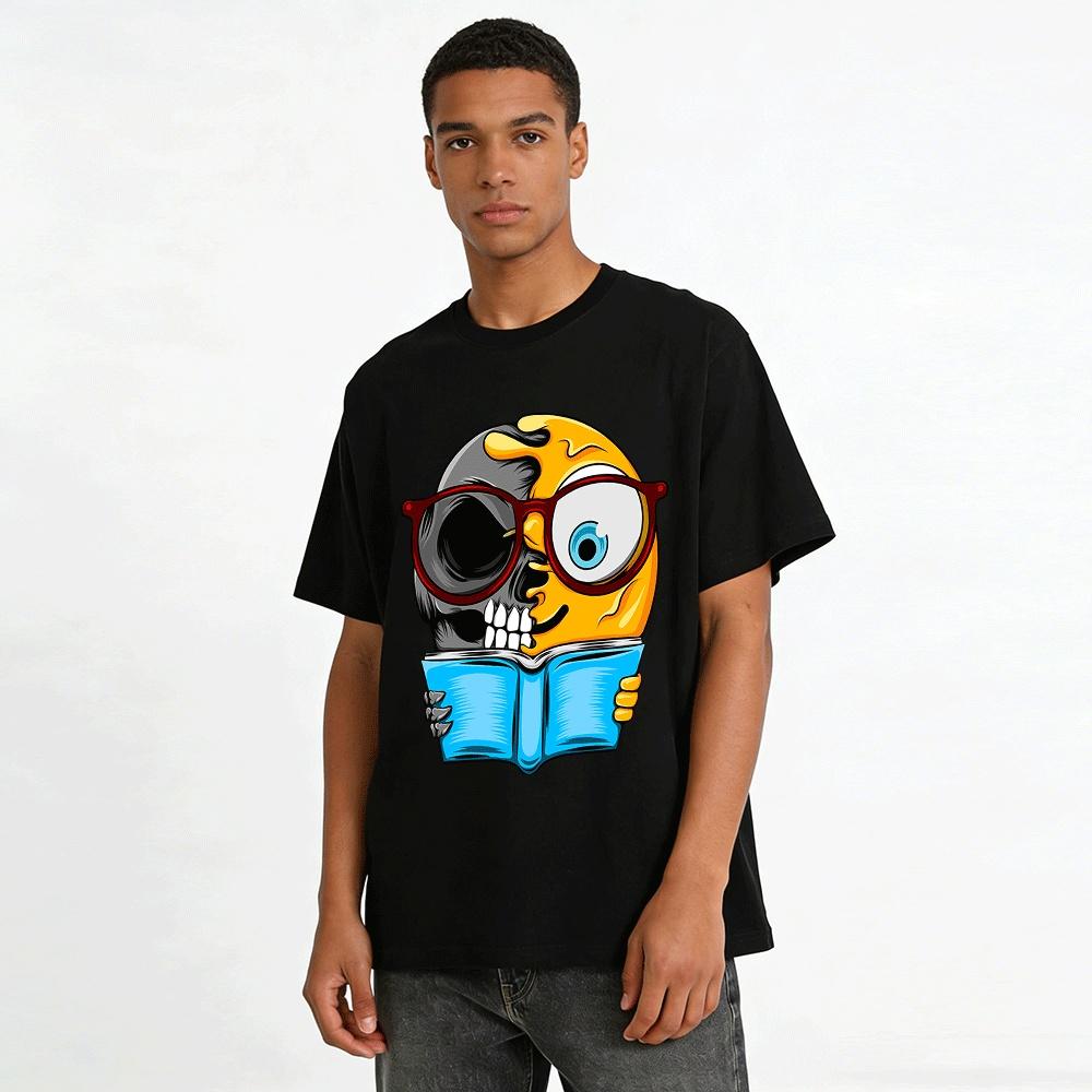Half Skull Reading Book Graphic Novelty Casual T-Shirt Pure cotton T-shirt