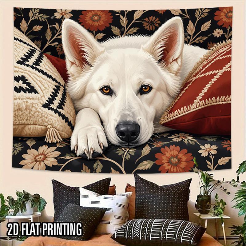 2D Flat - 2D Flat - 2D Flat Print 1pc Tapestry White Dog Resting Cozy Wall Hanging Tapestry Cultural Background Decoration Background Photo Props, Pol