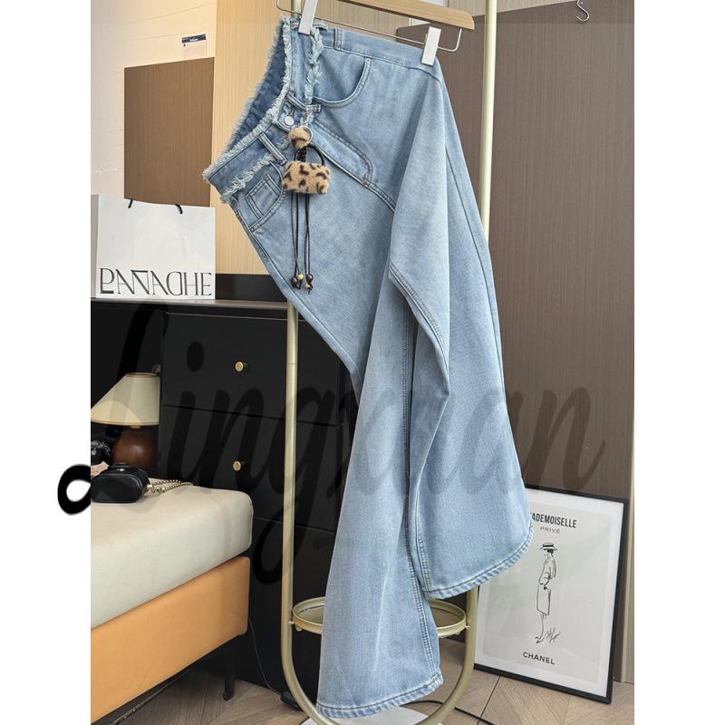 Korean Style High Waist Velvet Flare Jeans for Women - Light Blue Medium