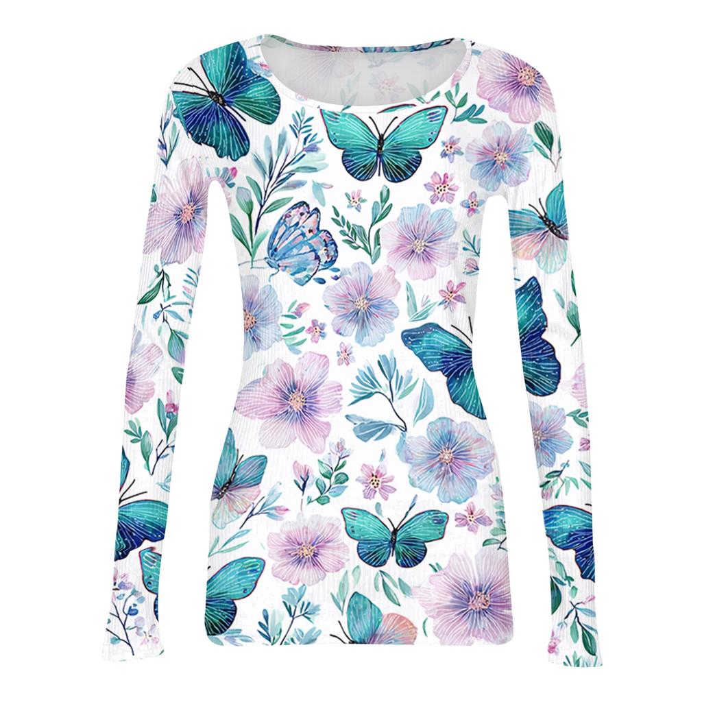Women’s Casual Long Sleeve Crew Neck Top with Floral Print Ribbed Texture Lightweight Pullover Blouse for Everyday Wear