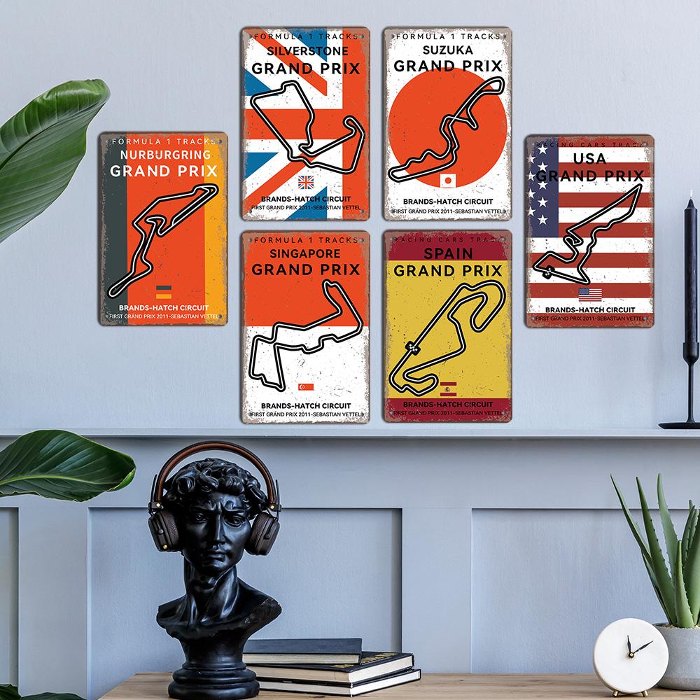 Afiș pentru circuitul de curse F1 Semne de tablă vintage din metal Monaco Spania SUA Garaj Placă metalică retro Garage Bar Pub Club Decor de perete de acasă