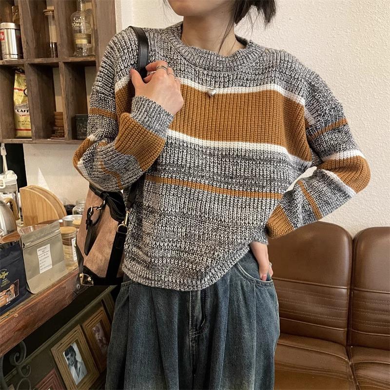 Autumn and winter new design striped short sweater women's thin meat covering soft waxy pullover knitted bottoming shirt