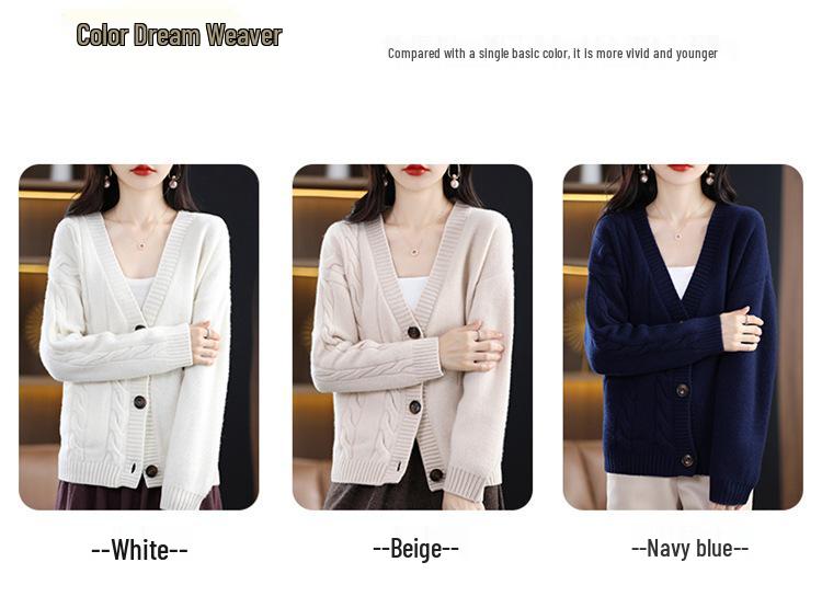 Women's V-Neck Wool Cardigan - 100% Pure Wool, Loose Fit, Long Sleeve, Versatile Cashmere Knitwear for Autumn/Winter.