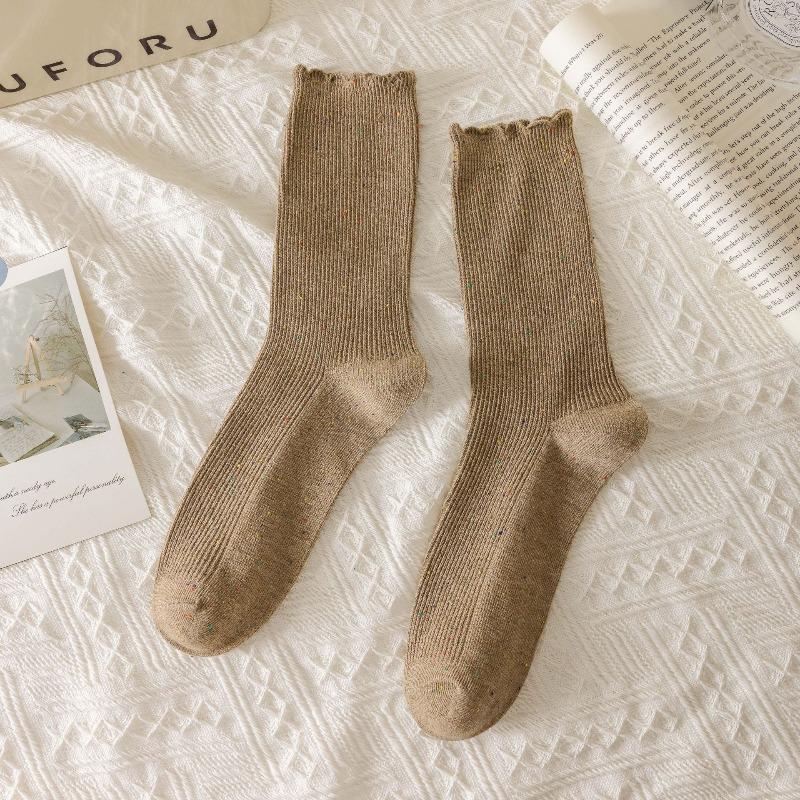 Pointed Yarn Pile Socks - Children's Autumn and Winter Embroidered Bow Tie Mid-calf Socks, Trendy and Versatile Lace Long Socks