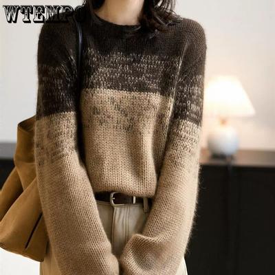 Loose Sweater Women's Autumn and Winter Color-blocked Casual Knitted Sweater Round-neck Long-sleeved Pullover