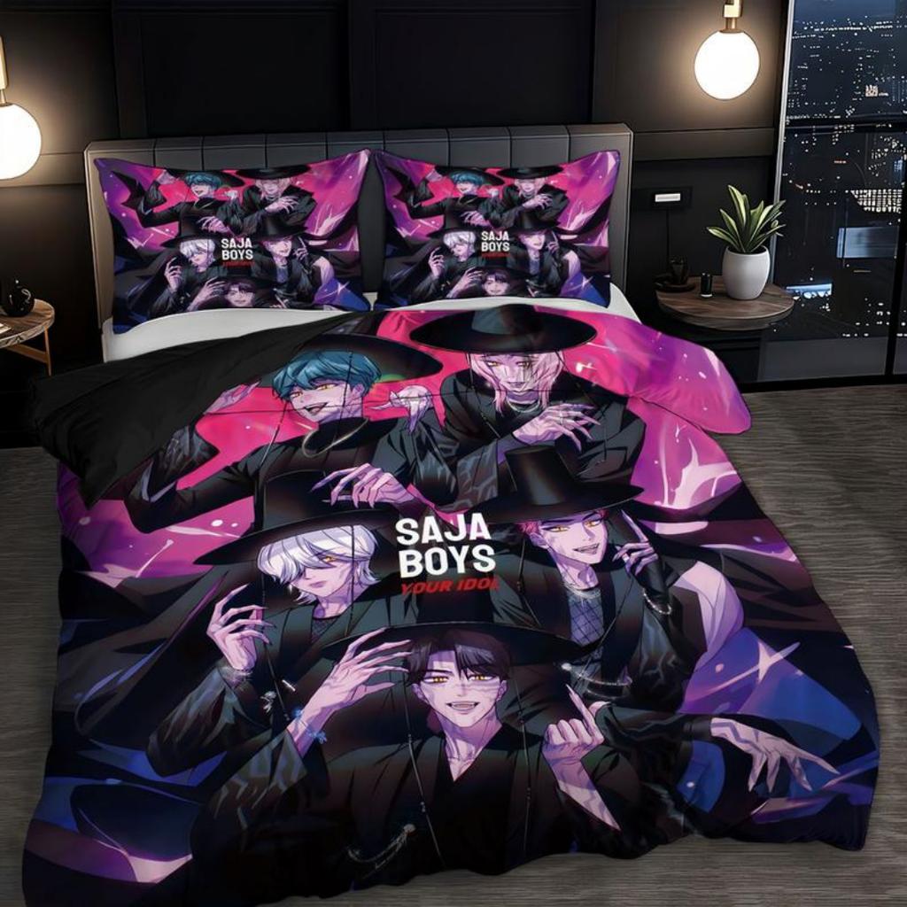 KPop D-Demon Hunters Ložní souprava Jednolůžková Halloweenský kostým Ložní souprava - 2-3dílná Přikrývka Prošívaná přikrývka Povlak na přikrývku Sady povlaků na polštáře