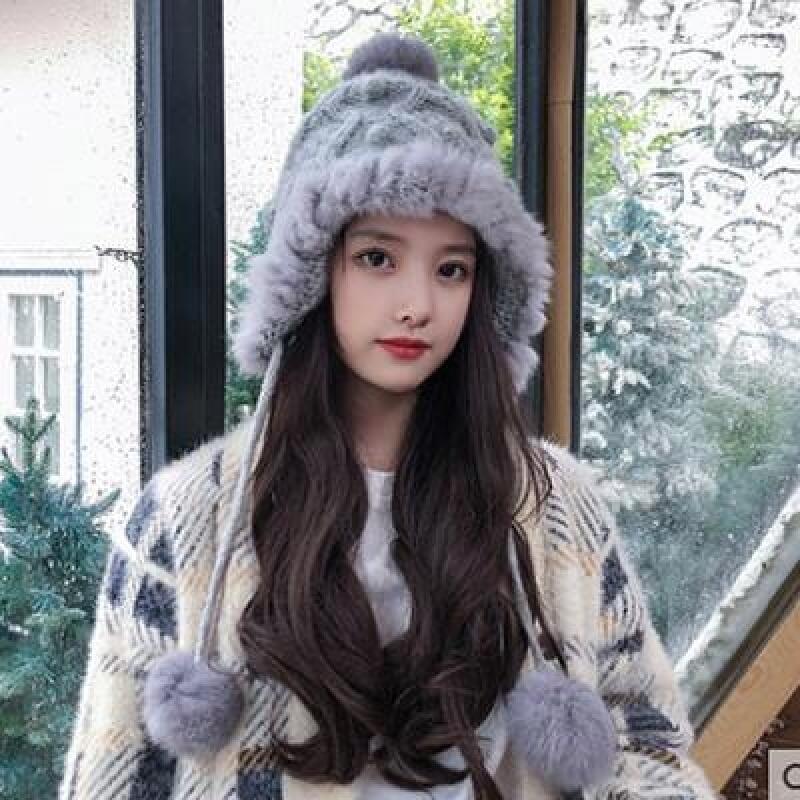 Os ear flap pom pom fur hat winter hat beanie beige