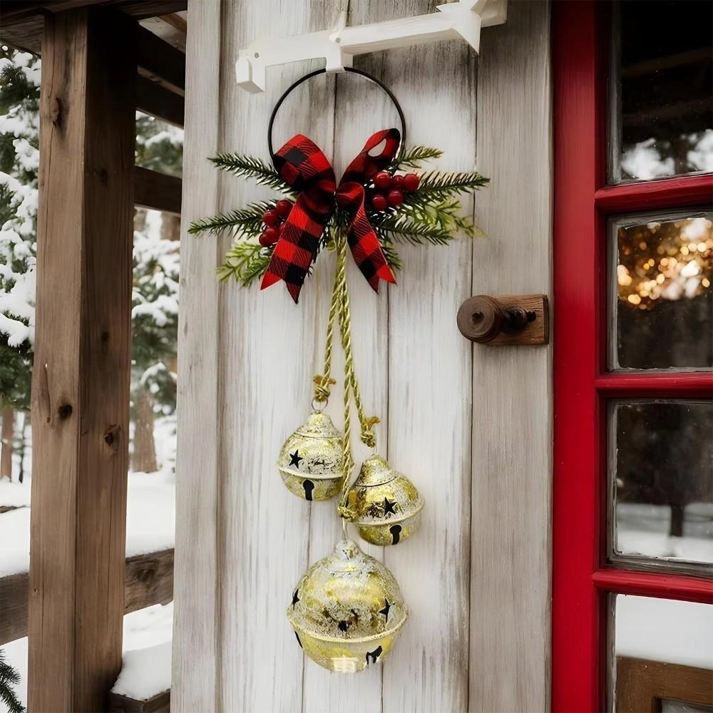 Three-Bell Christmas Tree Bell Decorations Rustic Style Festive Wall Hanging Ornament Shatterproof with Bowknot