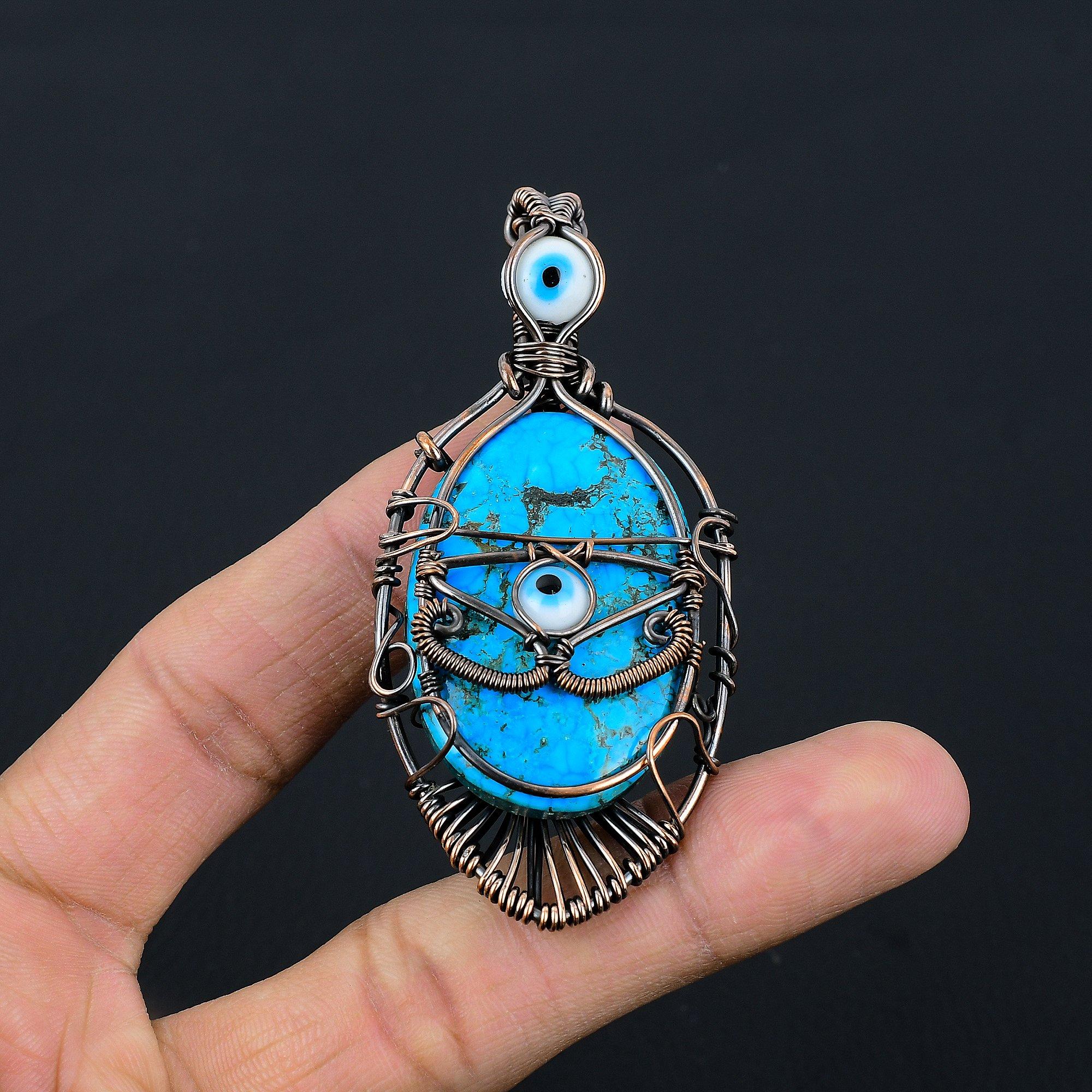 

Tibetan Turquoise & White Evil Eye Pendant, 999 Copper Wire Wrapped Gemstone Jewelry, Handmade Pendant, For Thanksgiving 2.55 Inches