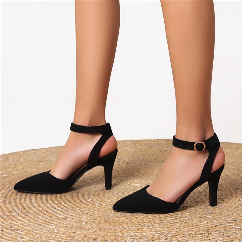 FOREADA Women Ankle Strap Pumps Pointed Toe Thin High Heels Buckle Glove Shoes Ladies Fashion Shoes Spring Autumn Blue Black 43