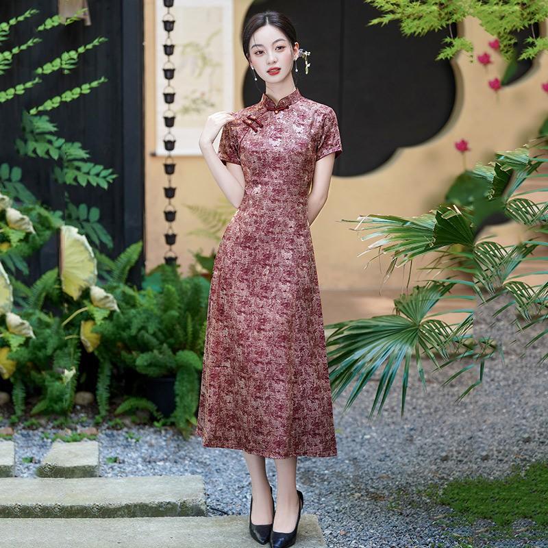Slim Fit Chinese-Inspired Short Sleeve Dress Women Vintage Style Brocade Fabric Stand Collar Medium