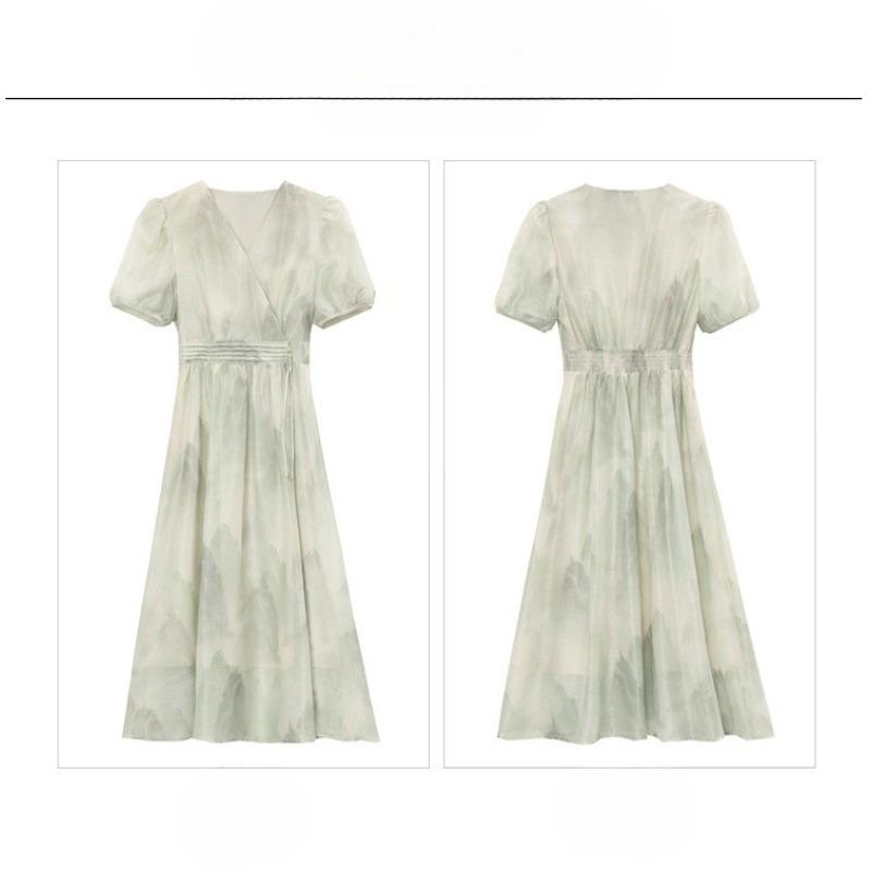 Fashion High Waist Summer Dress Floral Print Chinese Style Midi Short Sleeve