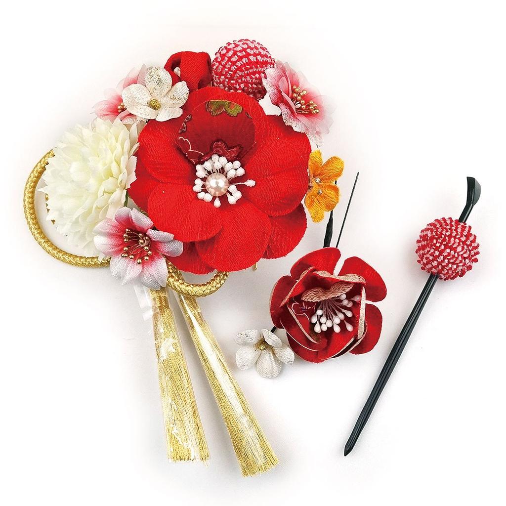 Hair Ornament Set Furisode Ceremony Red Flower Crepe 3-piece Coming-of-age Kk-056
