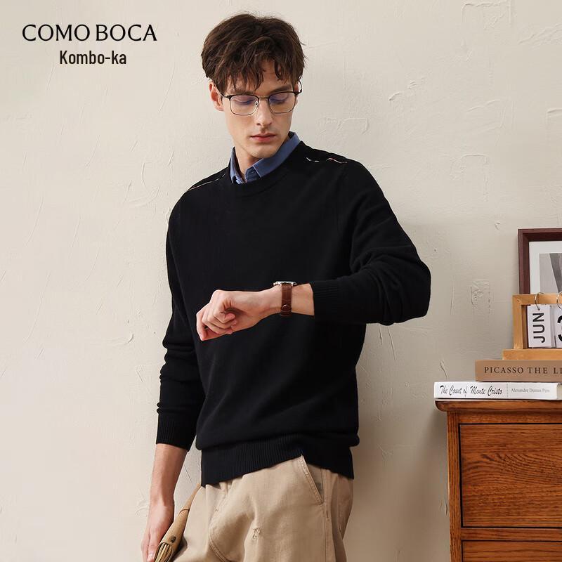 Komonboka Men's Thick Crew Neck Wool Sweater with Shoulder Patchwork