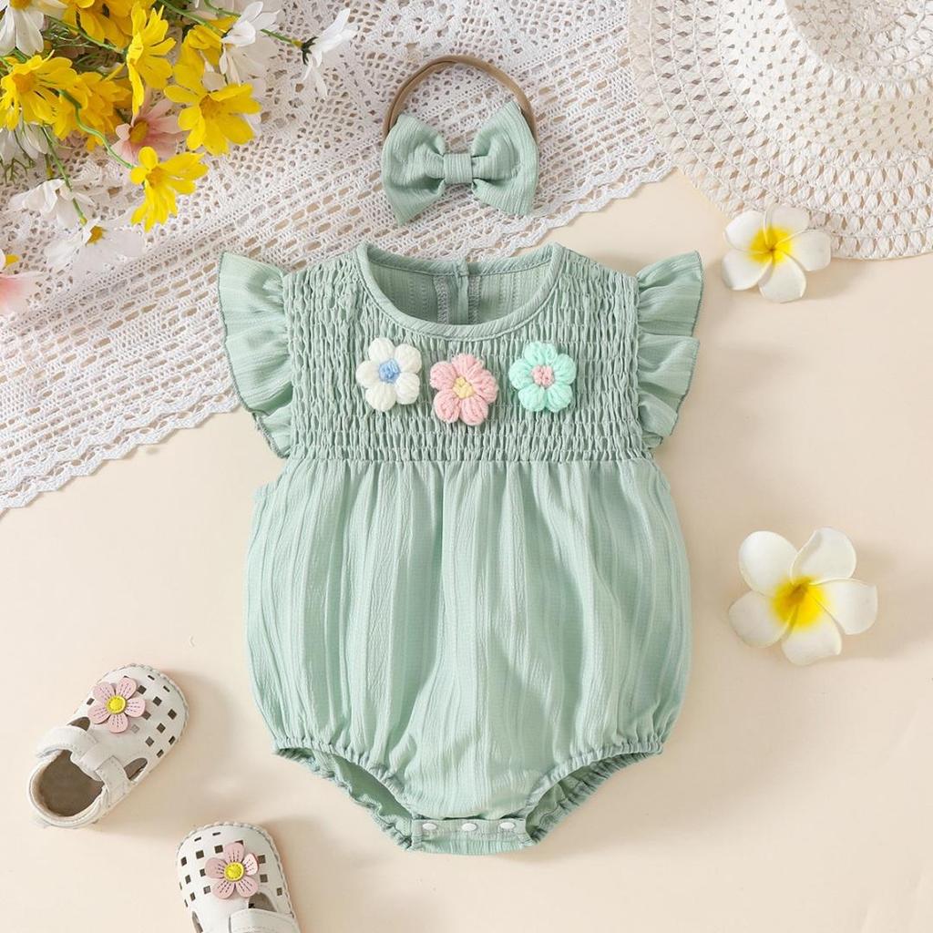 0-18M Neugeborenes Baby Mädchen Outfits Niedliche 3D Strick Blumen Sommerkleidung Säugling Fliegenärmel Bubble Strampler Stirnband Kleidung