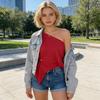 Women T-shirt Skew Collar Batwing Short Sleeve Waist Tight Design Tee Shirt Pure Color Loose Fit Soft Stretchy