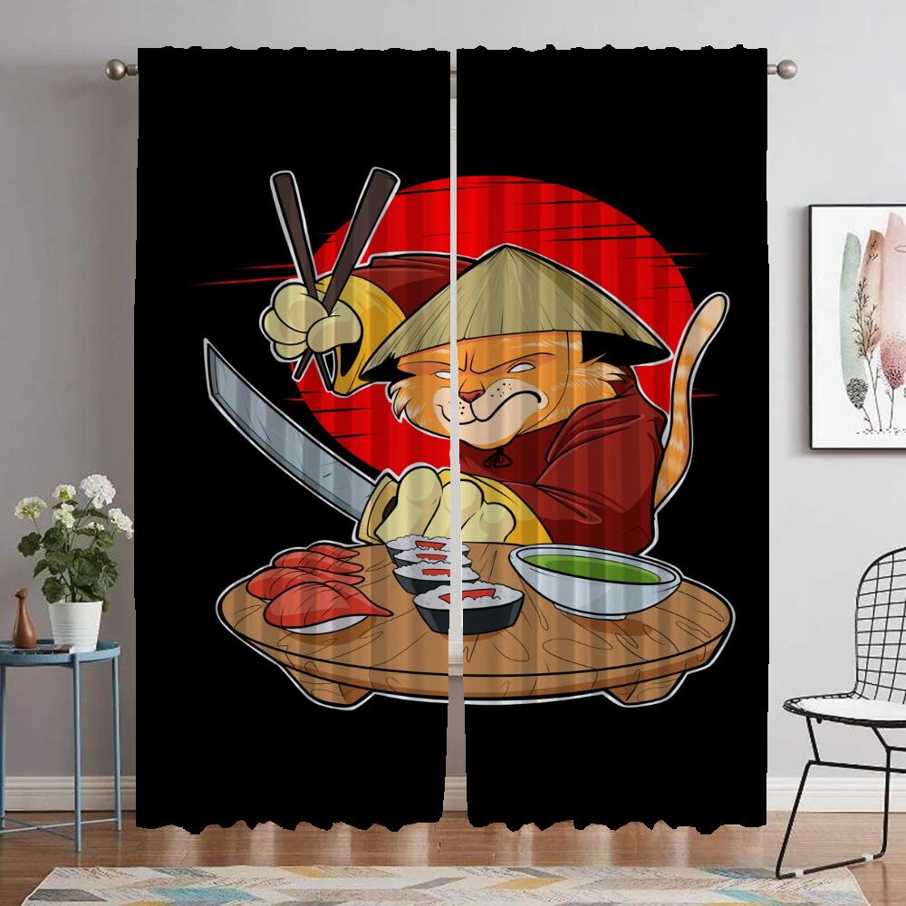 Sushi Katze Heim Innenvorhänge für Wohnzimmer Jalousien Raumteiler Verdunkelungsvorhang für Zimmer 2 Paneele Halloween Dekoration Küche