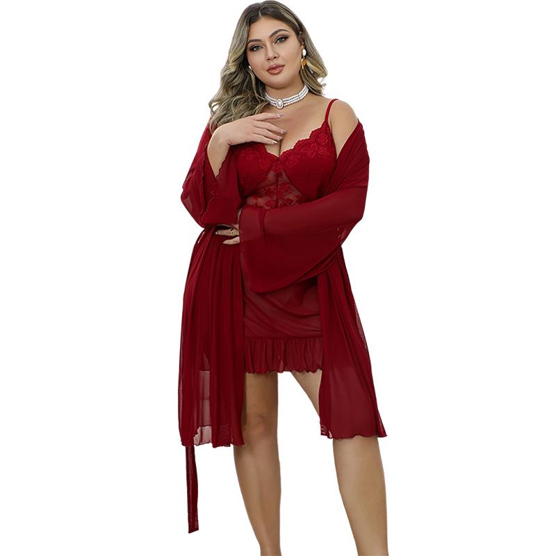 

New Red Sexy Women s Lace Homewear Robe & See-through Camisole Set 2XL червоний