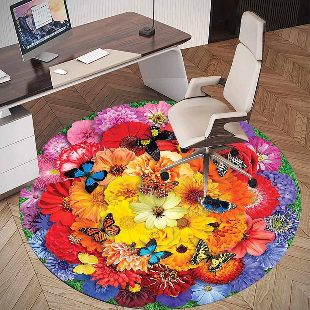 1pc Flower Bouquet Butterfly Pattern Office Round Rugs, Under Chair Round Rugs for Living Room, Bedroom, Bathroom Decoration Carpet 091806