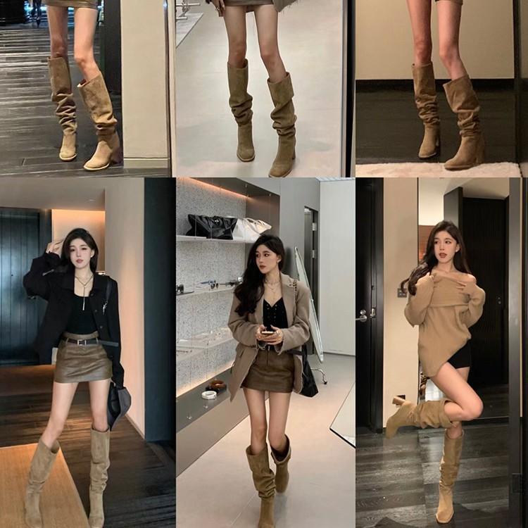 European and American heightening stack boots pleated high-heeled knight boots western cowboy boots women's 2025 autumn boots