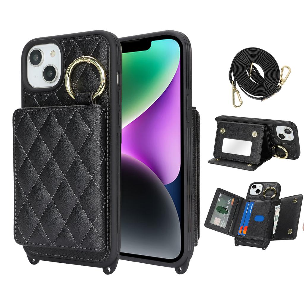 For iPhone 14/13 Case with Lanyard/Mirror/Card Holder Grids Pattern RFID Blocking Phone Cover