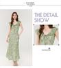 Damen Floral V-Ausschnitt Grünes Kleid - Frühling/Sommer 2026, Urlaubsstil, Fledermausärmel, Tailliert.