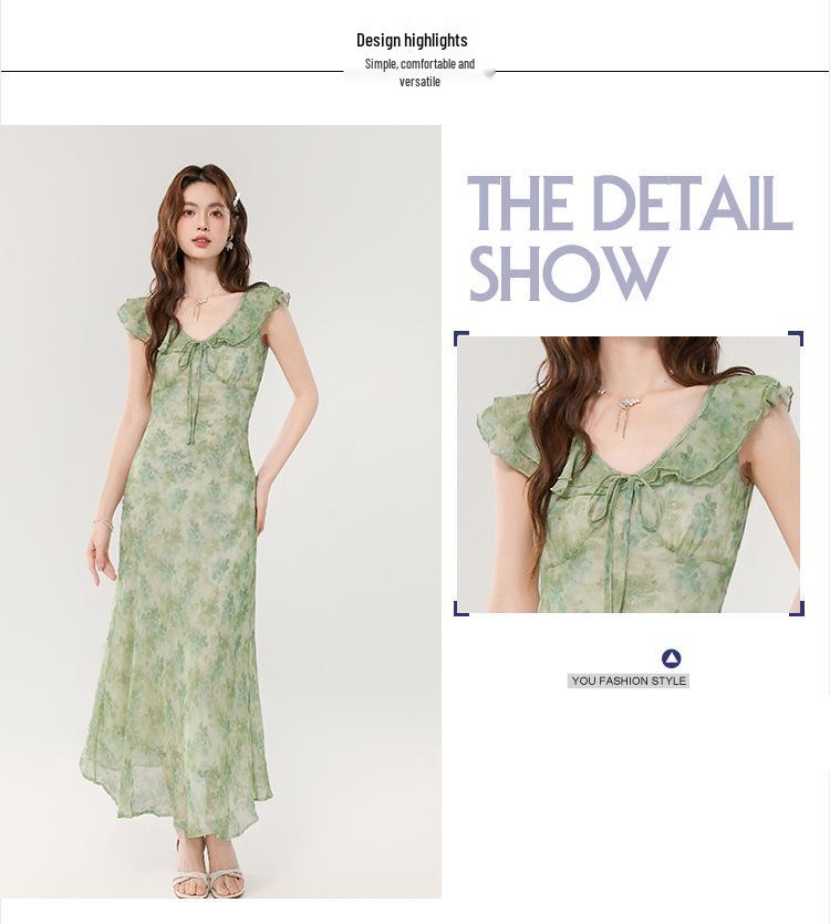 Damen Floral V-Ausschnitt Grünes Kleid - Frühling/Sommer 2026, Urlaubsstil, Fledermausärmel, Tailliert.