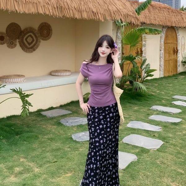 

Gentle Floral One-Shoulder Top & Elastic Waist Skirt Set - Summer 2026 Collection S (recommended 85-95 catties)