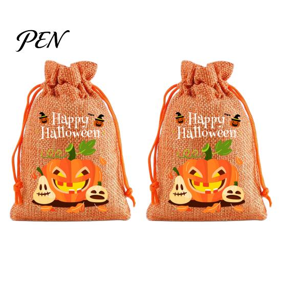 Reusable Gift Packaging 2Pcs Halloween Pumpkin Drawstring Bags for Candy Treats, Retro Burlap Small Storage Candies Trick or Treat Bags, Portable