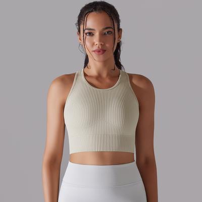 Nuovo Top Canotta a Costine Senza Cuciture Lavorato a Maglia Color Caramella Tinta Unita Yoga Traspirante Schiena Scoperta