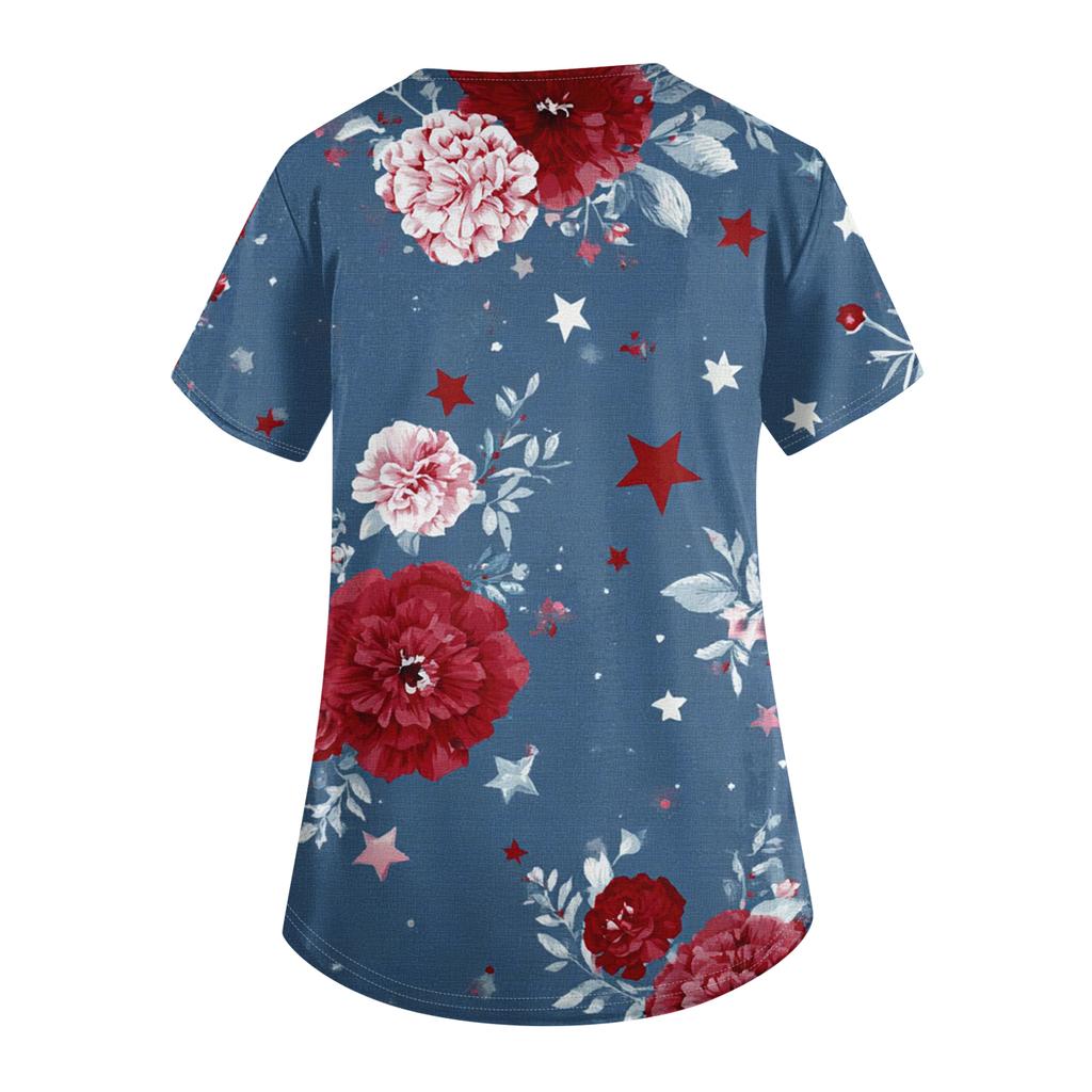 Women's Fashionable V-Neck Short-Sleeved Work Top With Pockets And Independence Day Print  Uniform