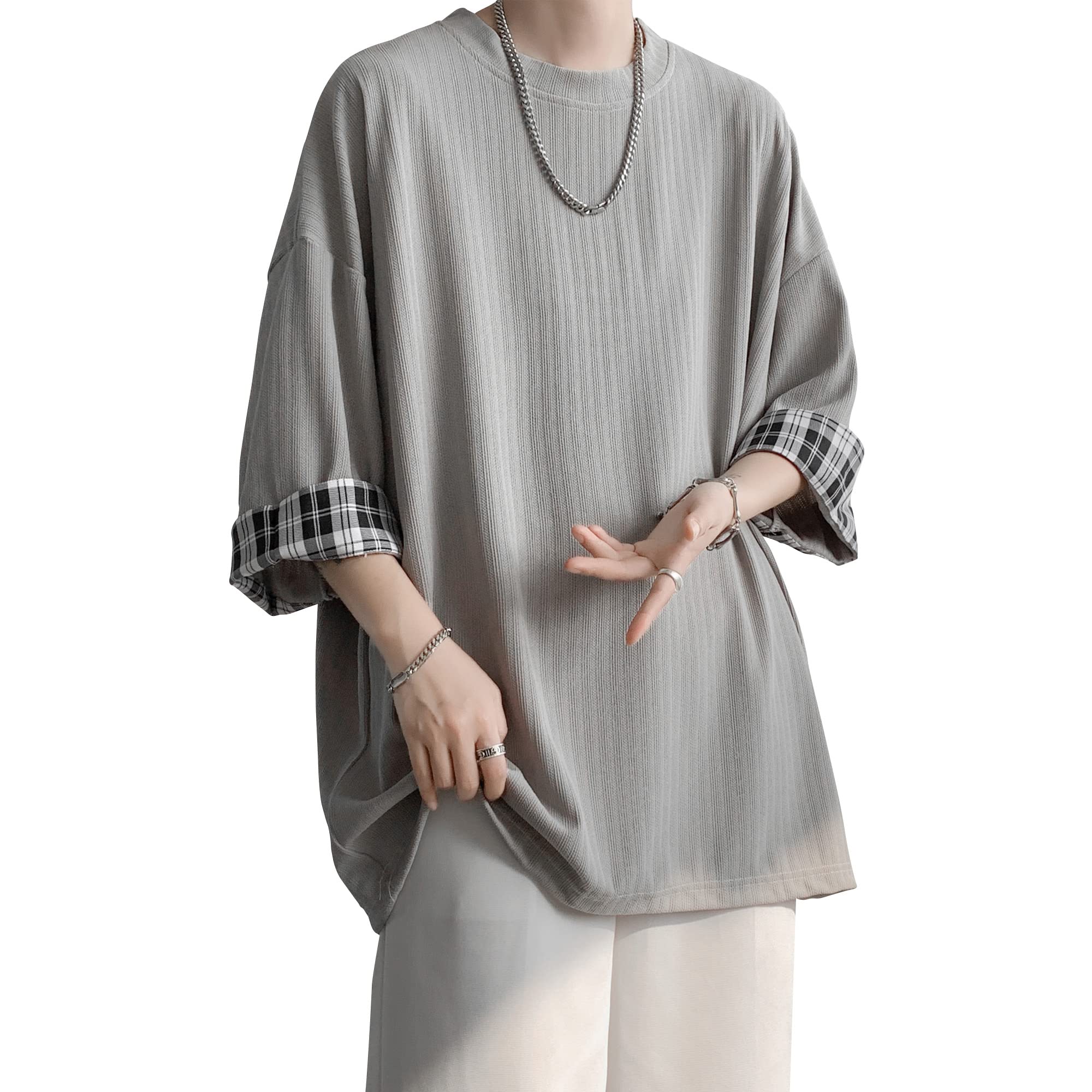 

summer gingham vertical striped large summer striped bitter short long 2XL [Easykode] Men s T-shirt, 3/4 sleeve, clothing, switching, cuffed, 5/4