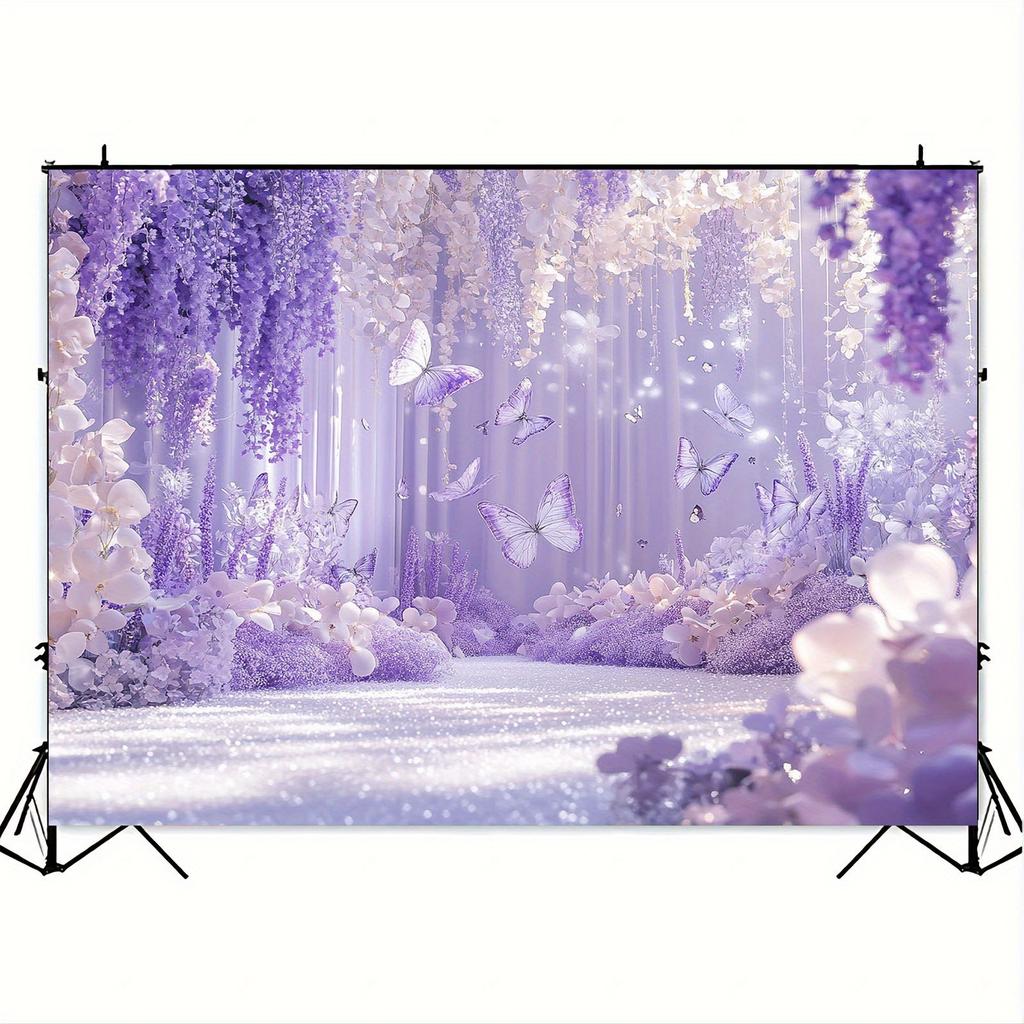 2D plan, 1 yellow garden background banner, lavender and purple wisteria design, elegant wedding, birthday party, photo