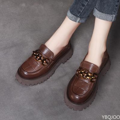 Fashion Chunky Loafers Women Genuine Cow Leather Platform Shoes Round Toe Metal Chain Slip On Ladies Flats Handmade