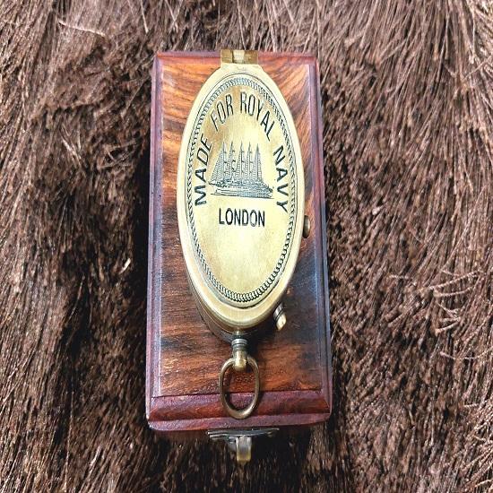 Vintage Brass Brass Antique Compass with Wooden Box Inside Made for the Royal Navy 100 Year Calendar Compass