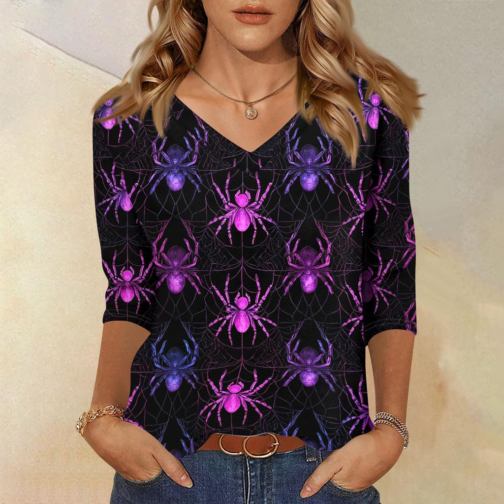 Womens Casual Halloween Print V Neck Three Quarter Sleeve Top Lightweight Soft Fabric Relaxed Fit Pullover Shirt