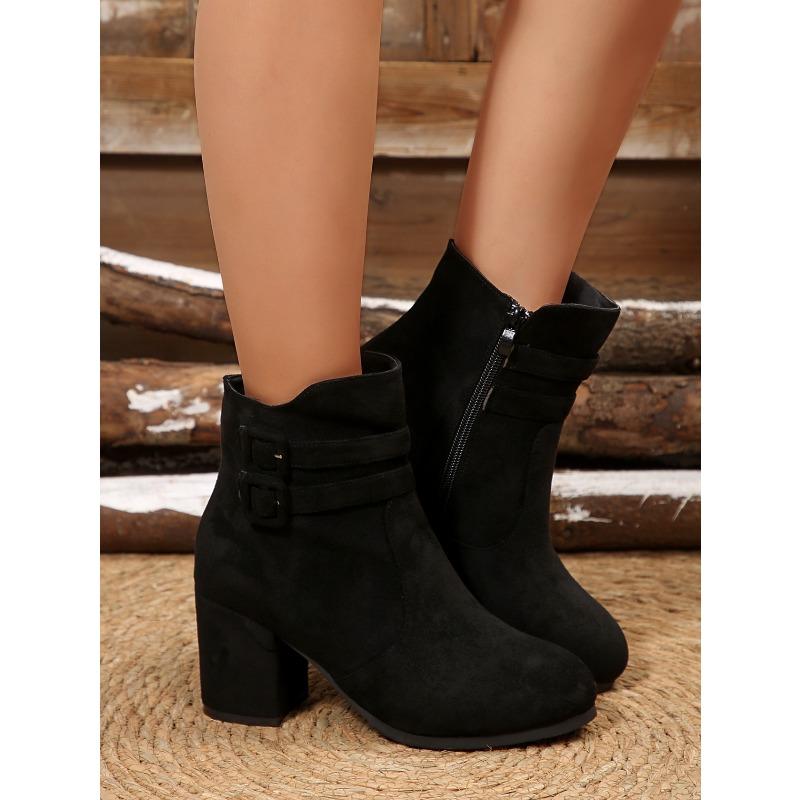 Belt Buckle High-heeled Fashion Boots 2025 Winter New Suede Block-heeled Booties