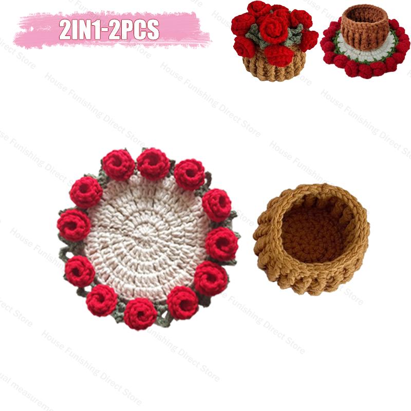 Handmade Crochet Rose Flower Valentine's Day Coaster Heat Resistant Kitchen Table Mat Romantic Home Decor Gift for Wedding Anniv