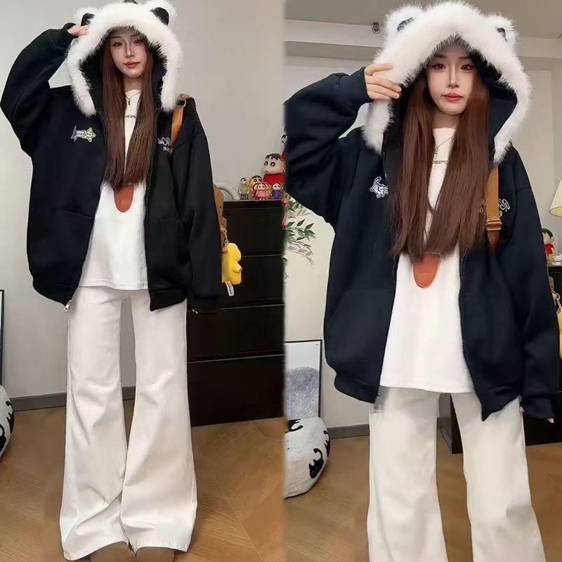 Fur Collar Cat Ears Hooded Zipper Cardigan Sweater Women's Autumn and Winter Great-looking Plush Thickened Loose Top Jacket