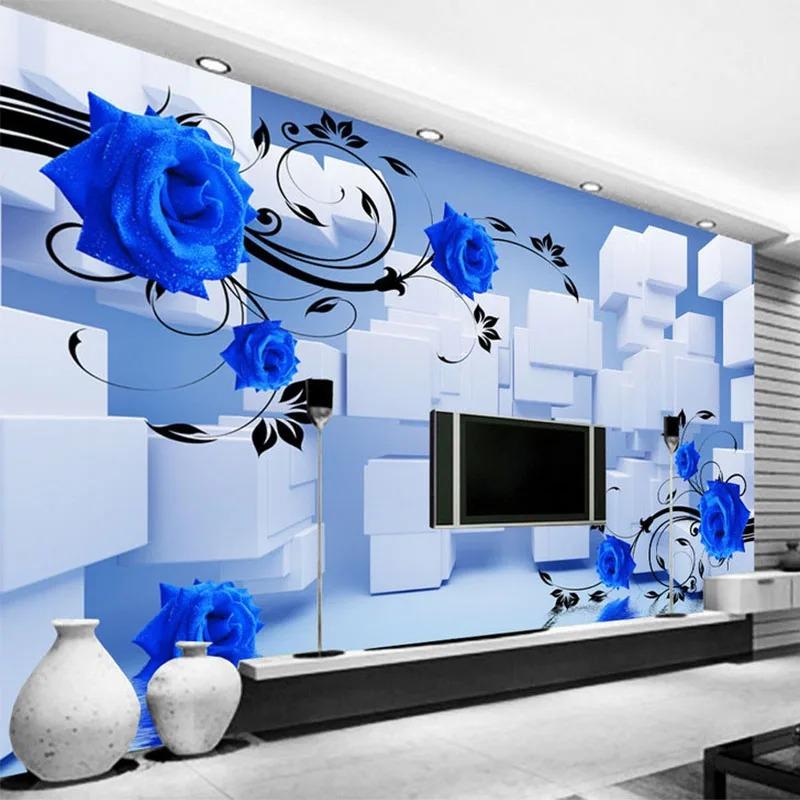 3d Stereo Relief Blue Flower Mural Geometric Square Spatial Expansion Photo Wallpaper Home Decor 3d Fresco