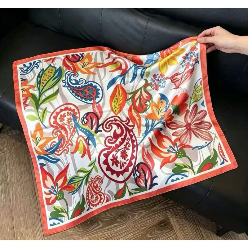 70x70cm Lightweight Cotton Silk Square Scarf With Boho Floral Print Breathable Neck Wrap Women
