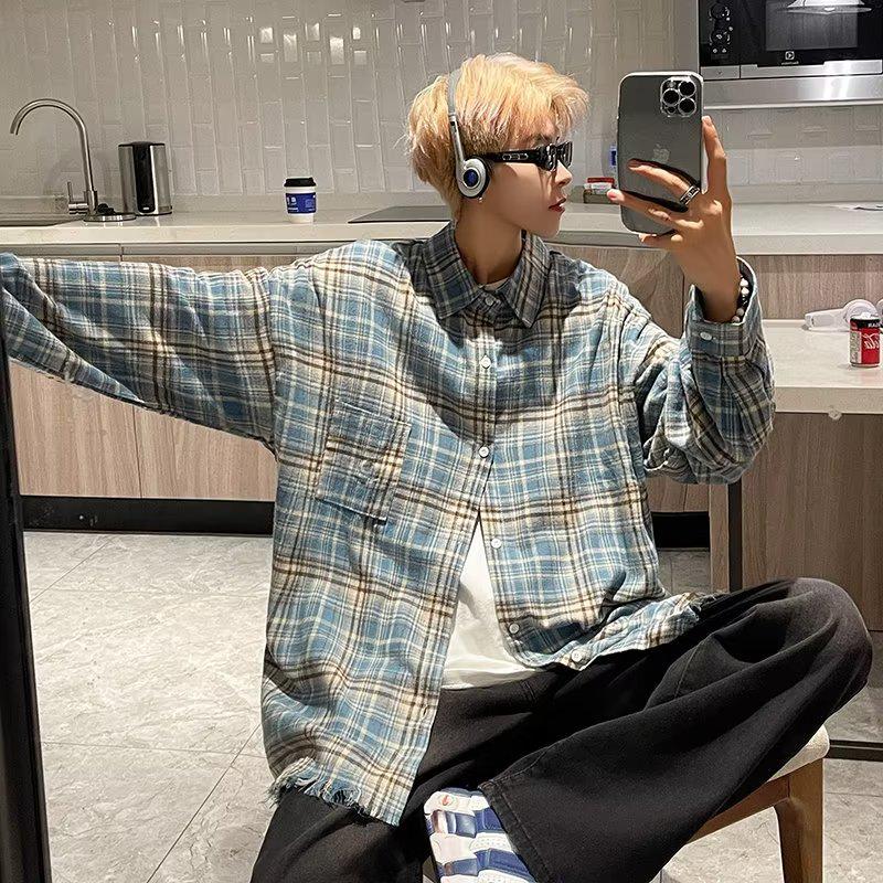 Unisex American Retro Blue Plaid Shirt: Casual, Loose-Fit, Spring/Autumn Style.