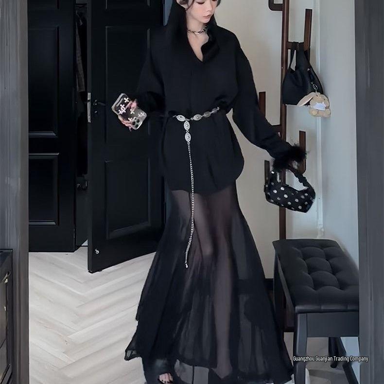 Chic Retro Black Suit Set: Women's Spring/Summer Mesh Spliced Loose Shirt & Long Skirt Two-Piece