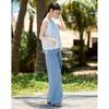 Women's Linen Blend Hollow Knit Top & Denim Pants Set