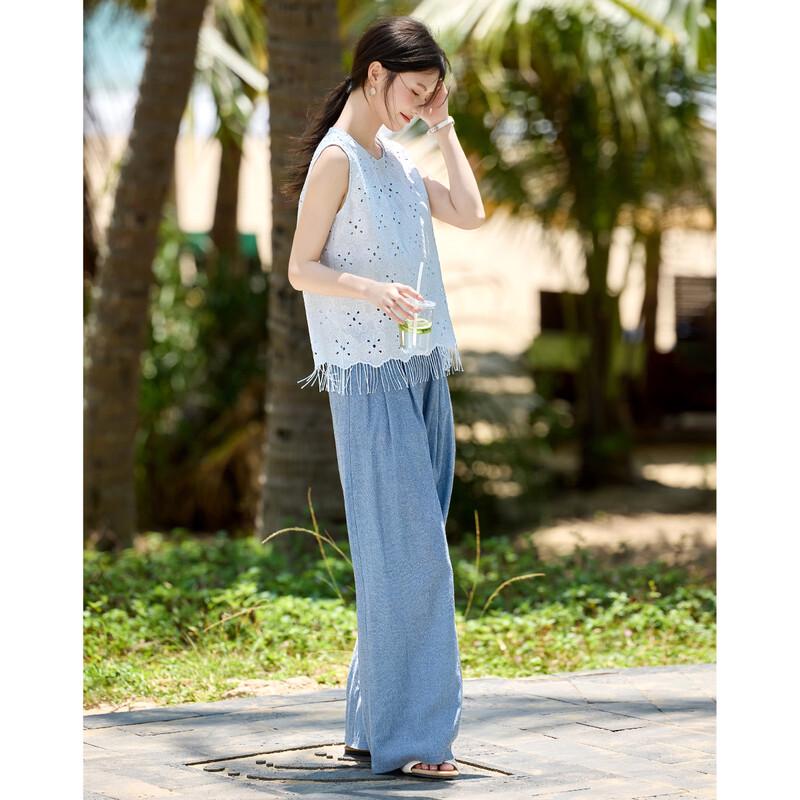 Women's Linen Blend Hollow Knit Top & Denim Pants Set
