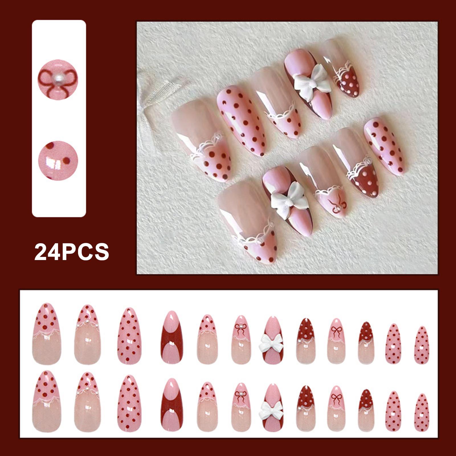 24Pcs Silk Texture French Polka Dot-Bow Artificial Nails Fake Nails Wearable Full Cover Nails Tips Acrylic Nail Tips For Women